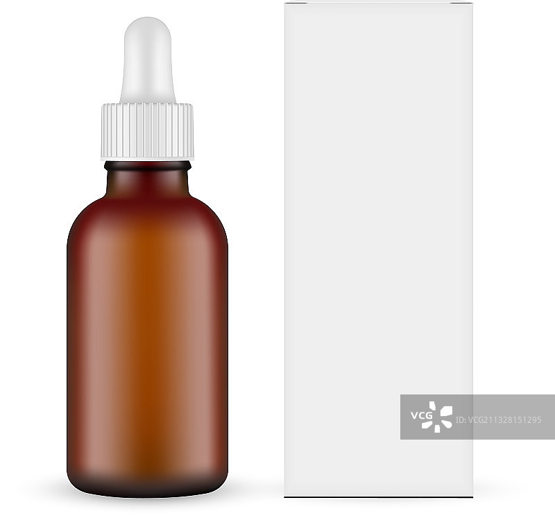 带盒子的磨砂深色玻璃滴管瓶正面图片素材