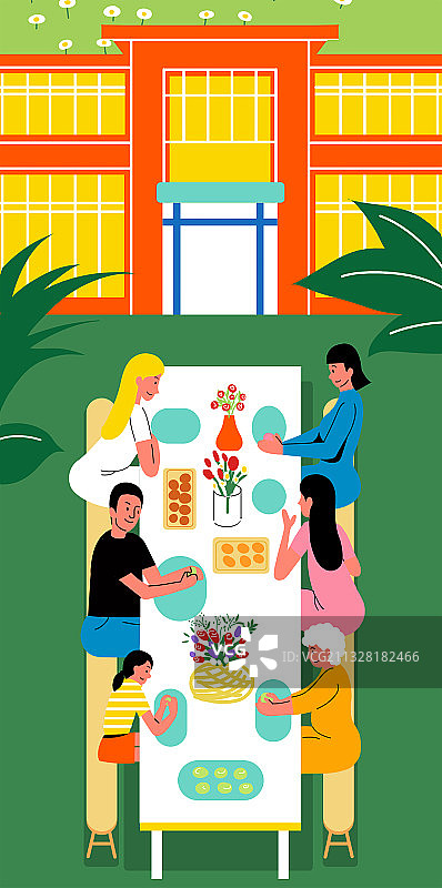 扁平风家庭聚会亲子聚餐户外团建插画图片素材