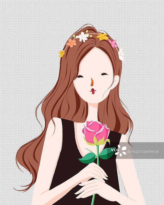 手拿玫瑰的女孩元素PNG图片素材
