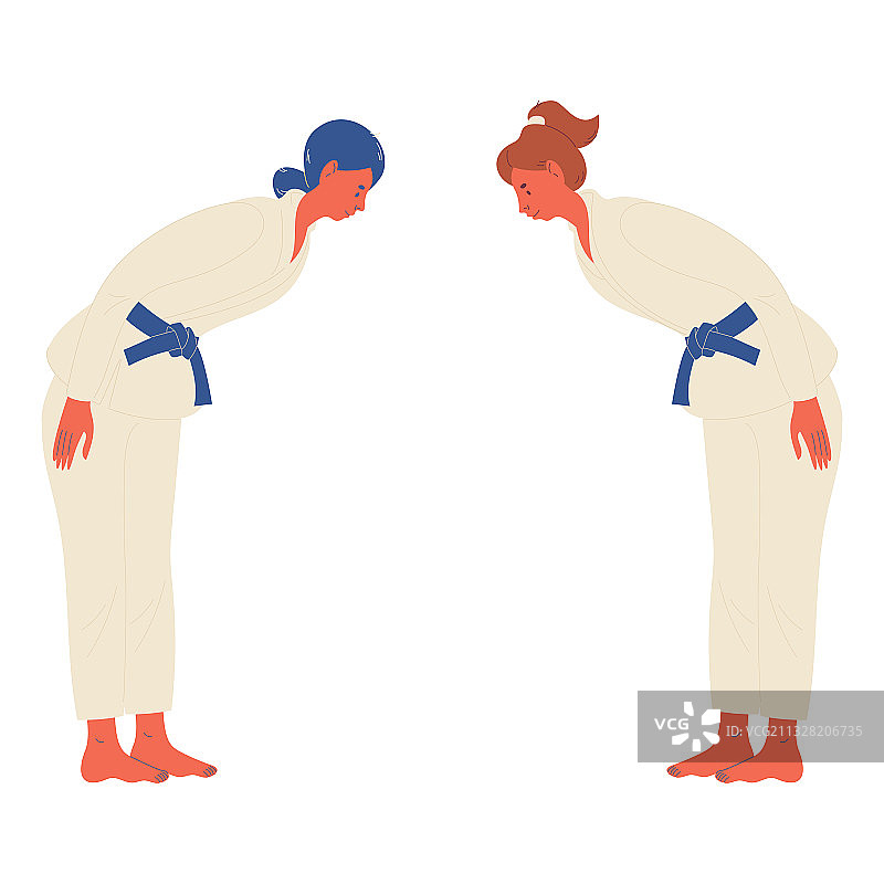 两个身穿白色和服的年轻女子互相问候图片素材