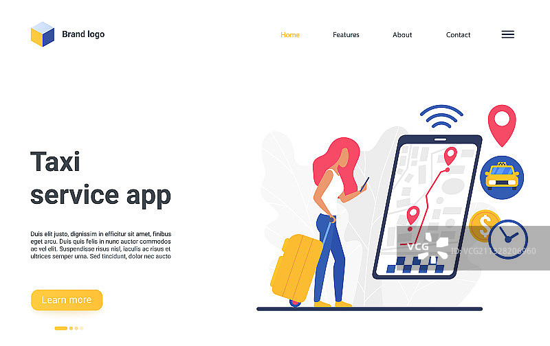 出租车服务APP着陆页，女人正在使用图片素材