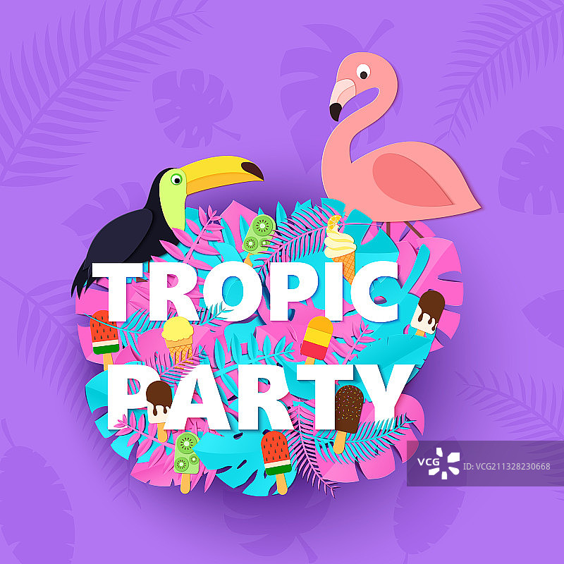 热带派对文字组合与创意粉色图片素材