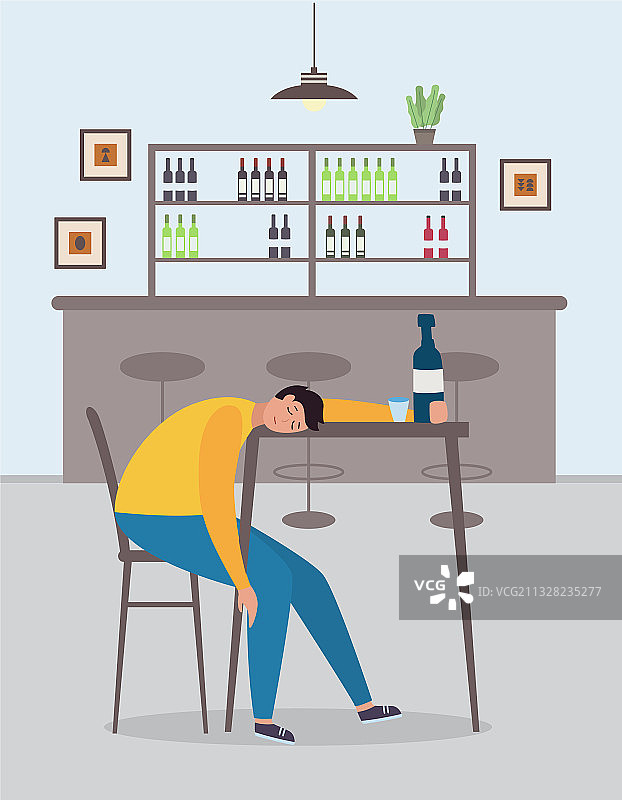 在酒吧里睡着的醉酒男人卡通人物图片素材