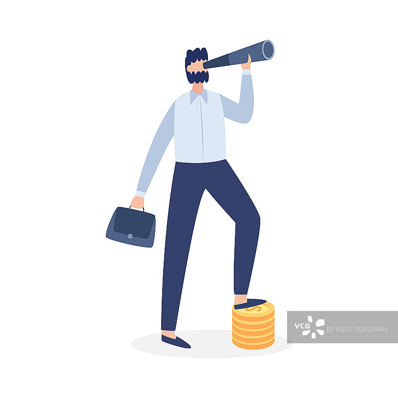 卡通商人用单筒望远镜观察图片素材