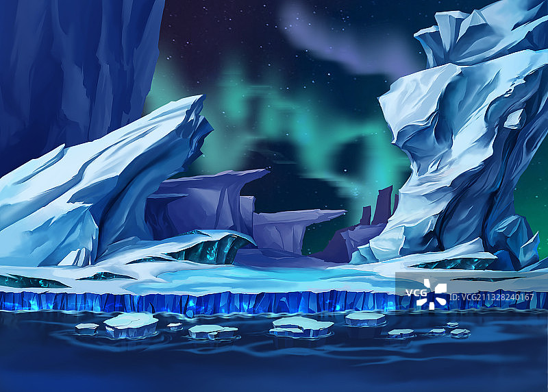 夜晚极光极地寒冷环境场景装饰插画图片素材