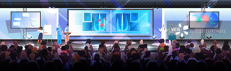 戴口罩的医生展示新冠病毒细胞图片素材