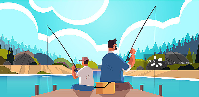 年轻父亲和儿子一起钓鱼，亲子父爱图片素材