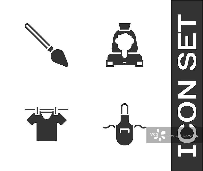 厨房围裙、把手、扫帚和晾晒的衣服组合图片素材