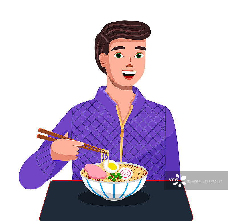 年轻男人用筷子吃亚洲面条图片素材