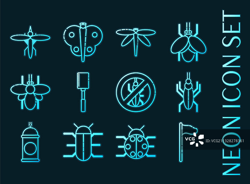 蓝色发光霓虹风格昆虫图标集图片素材