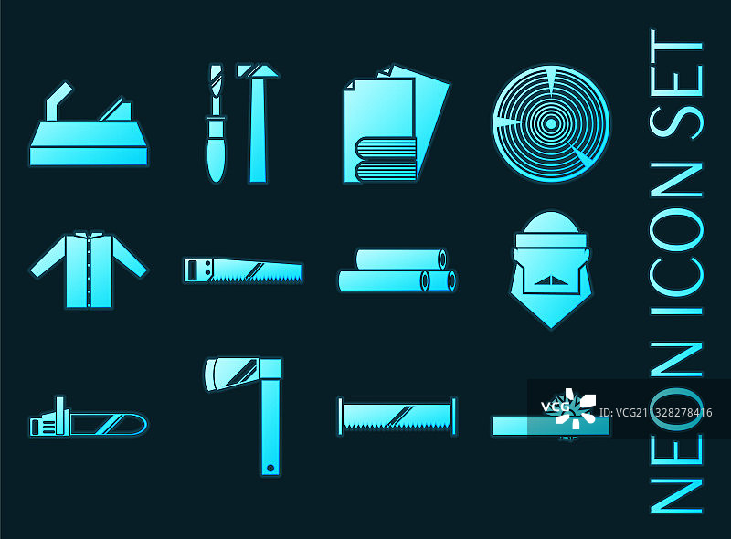 蓝色霓虹灯风格伐木工人图标集图片素材