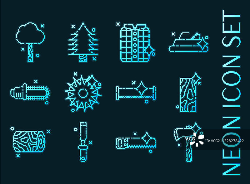 蓝色霓虹灯风格伐木工人图标集图片素材