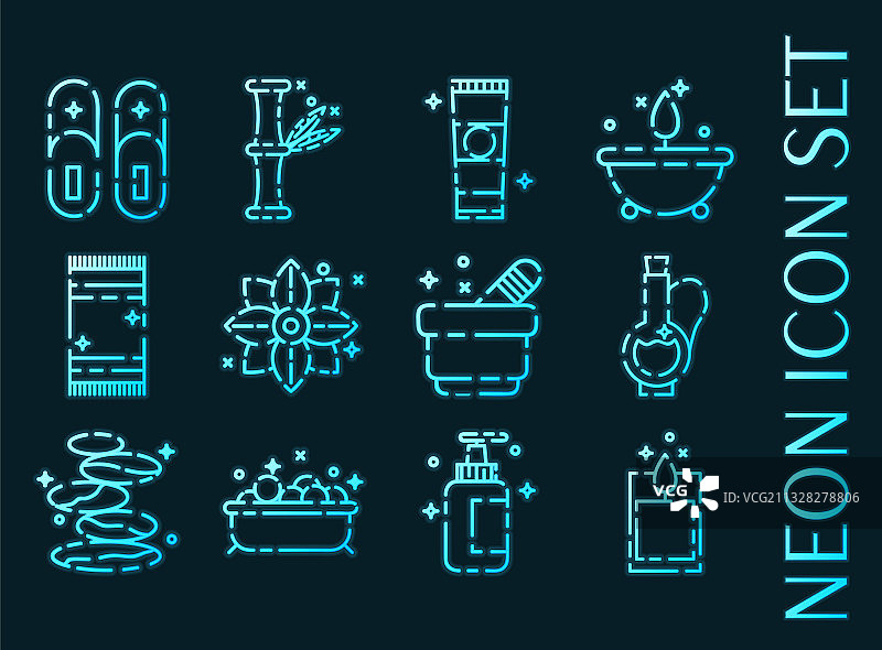 水疗套装蓝色发光霓虹灯风格图标图片素材