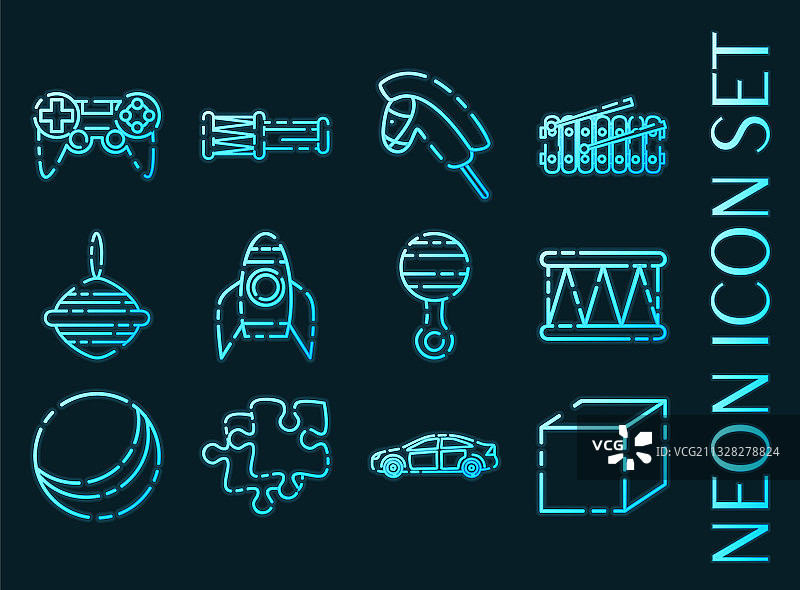 蓝色霓虹灯风格的玩具套装图标图片素材