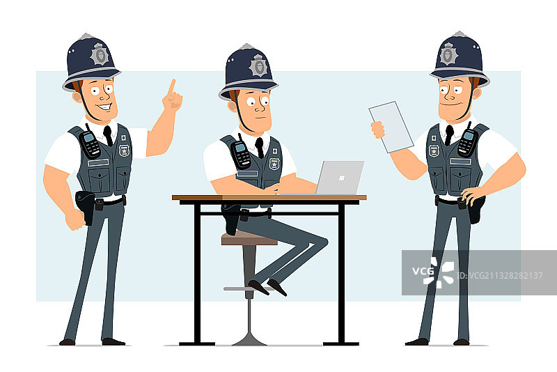 卡通扁平有趣的强壮警察角色套装图片素材