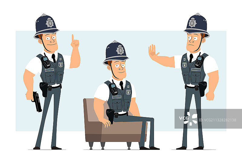 卡通扁平有趣的强壮警察角色套装图片素材