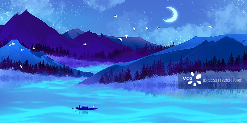 中国风手绘插画夏天夜晚舒适天际湖面上的月光图片素材