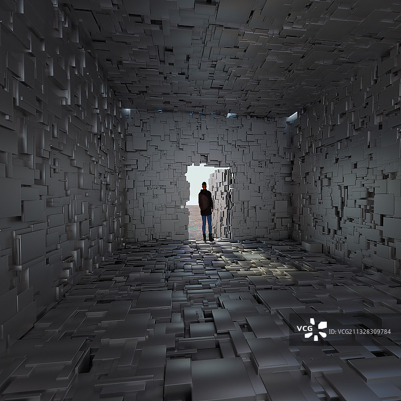 金属覆层房间与敞开门边的人物图片素材