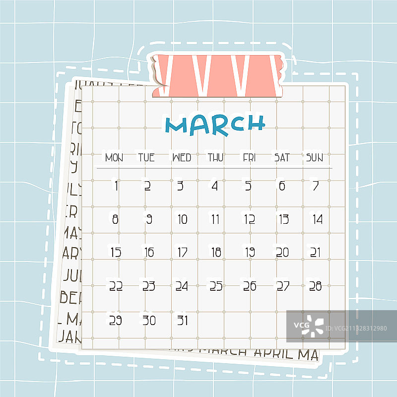 2021年3月蓝色方格月历图片素材