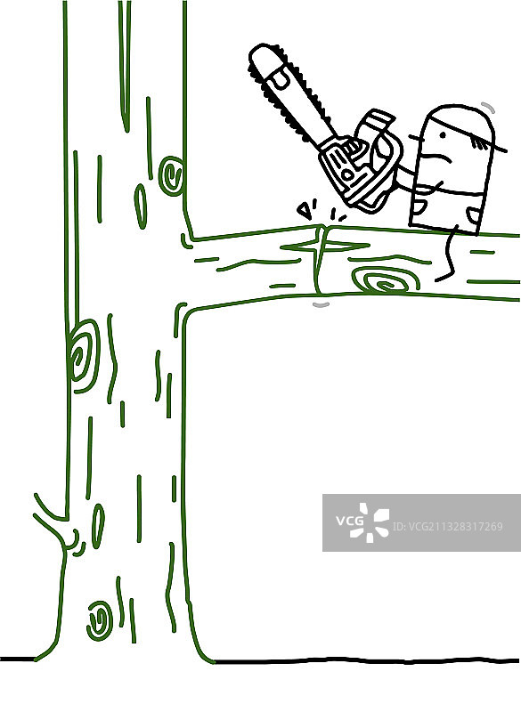 卡通伐木工人与错误方向的电锯图片素材