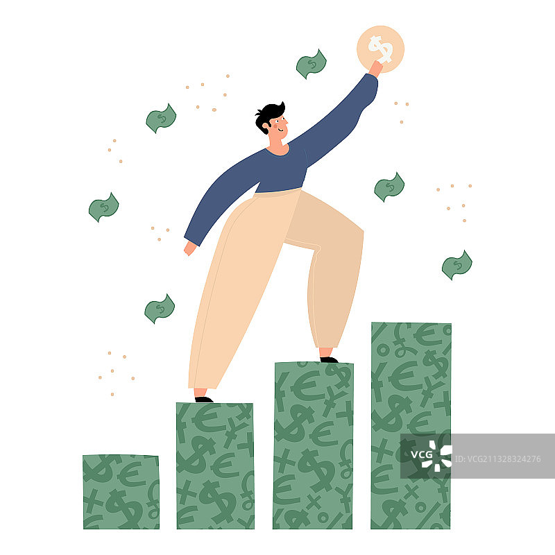 快乐的男人攀爬在金钱图表上图片素材