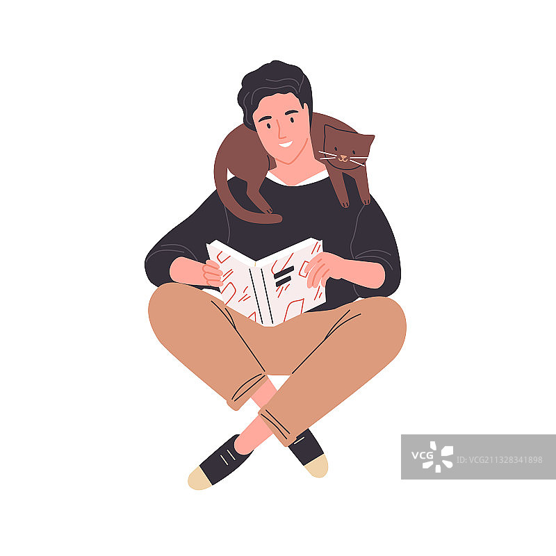 快乐的年轻人坐着看书图片素材