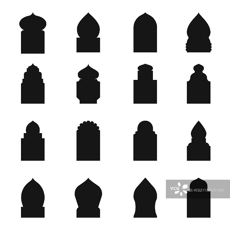 阿拉伯传统窗户黑色剪影图标集图片素材
