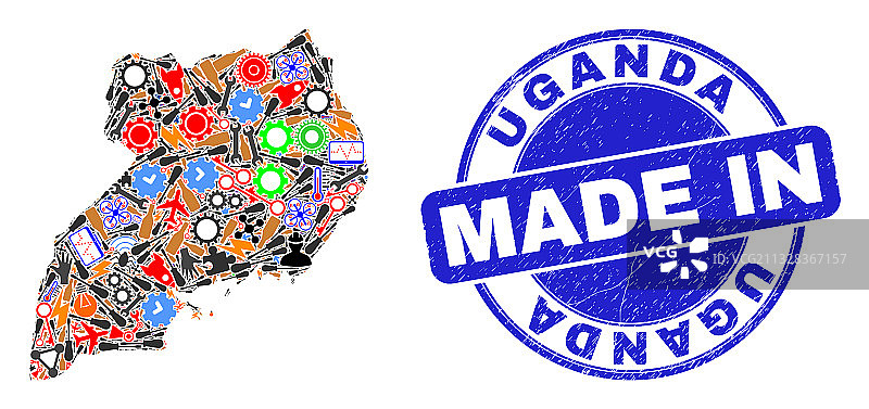 乌干达地图工业拼贴和带有复古效果的产地标志图片素材