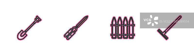 花园园艺工具合集：铁锹、栅栏和手工园艺图片素材