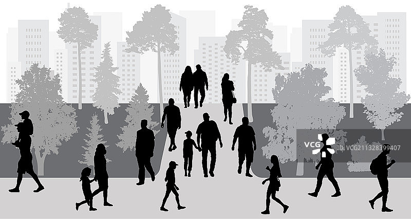 城市生活：公园里散步的人图片素材