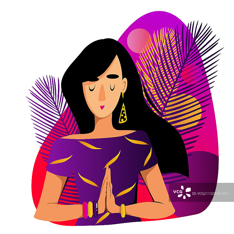 紫色背景下双手合十的女孩图片素材