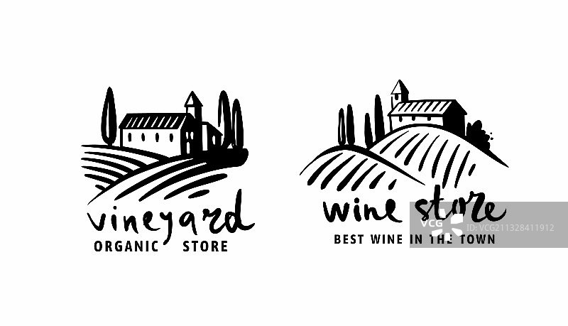 带有房屋标志的葡萄园，用于酒类商店图片素材