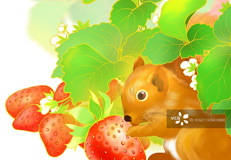 夏天营养美味水果草莓松鼠手绘插图图片素材