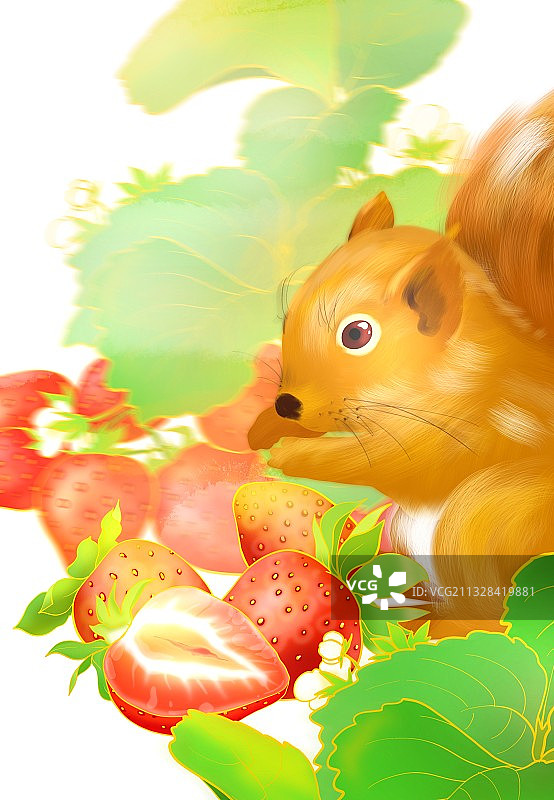 夏天营养美味水果草莓松鼠手绘插图图片素材