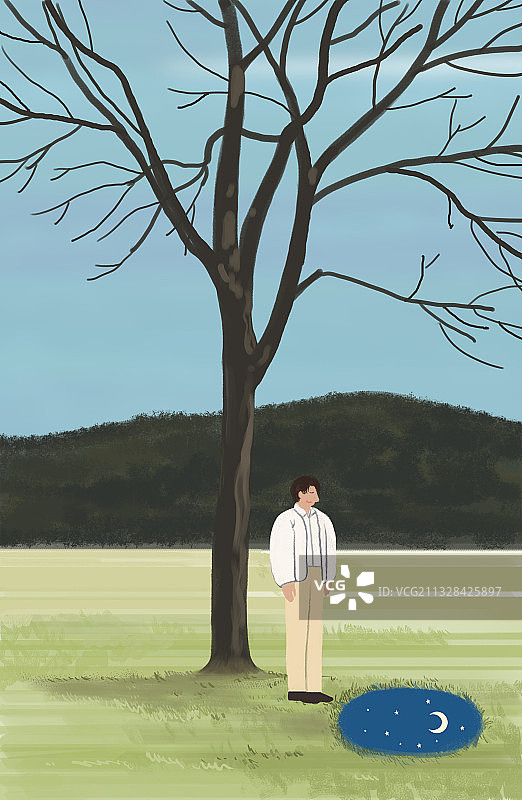 孤独的男人树下安静图书插图沉思插画图片素材