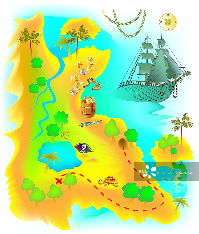 带有奇幻神秘岛屿和海盗的地图图片素材