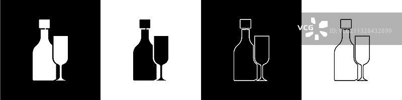 黑色背景上的葡萄酒瓶与玻璃杯图标设定图片素材