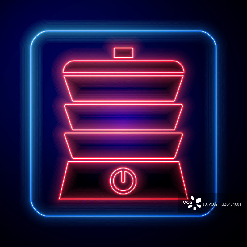 蓝色背景上发光的霓虹慢炖锅图标图片素材