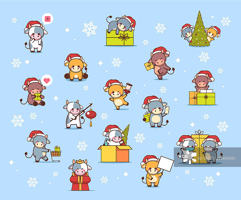 戴圣诞帽的可爱小牛新年快乐套装图片素材