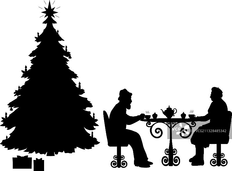 老年夫妇喝茶剪影图片素材