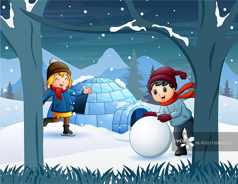 快乐的孩子们在冰屋附近玩雪图片素材