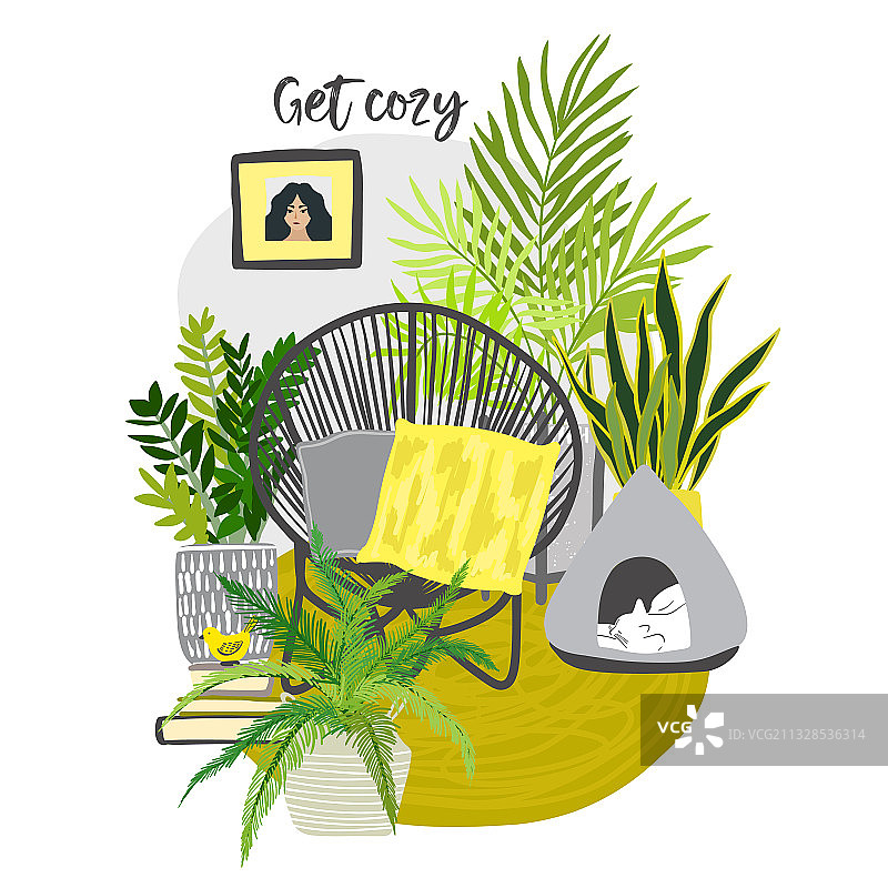 灰色和黄色都市丛林房间与舒适的椅子图片素材