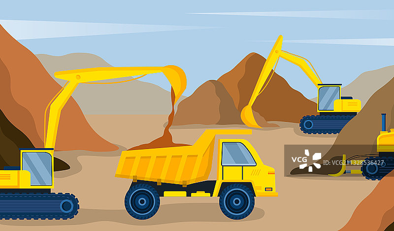 黄色挖掘机向自卸卡车倾倒沙子图片素材