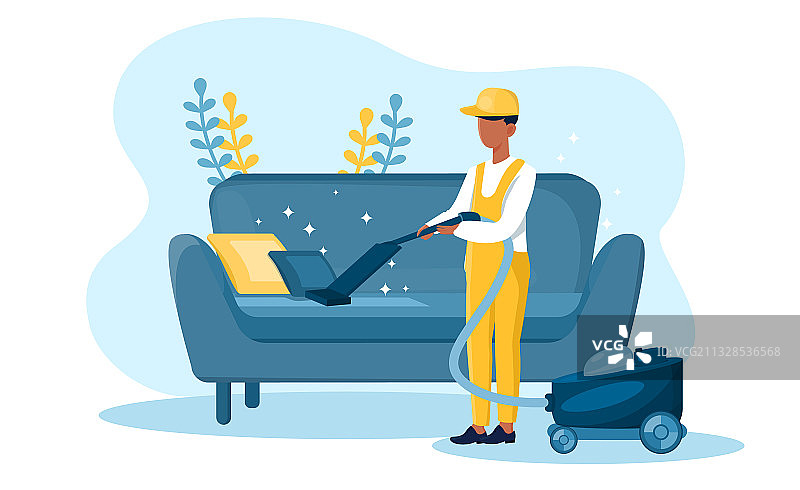 穿黄色工作服的男管家真空吸尘图片素材