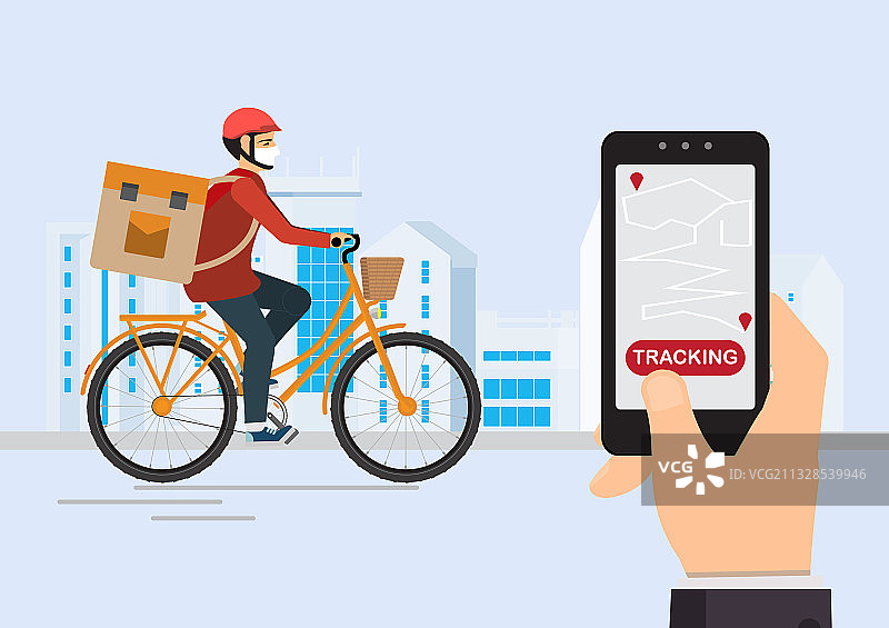 快递员骑自行车，后座有包裹箱图片素材