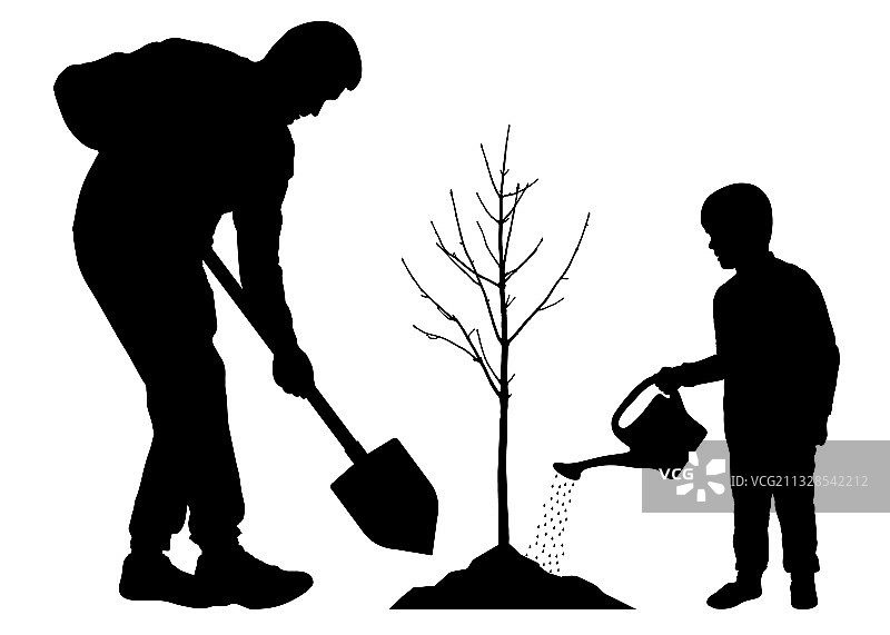 父亲和儿子一起种树图片素材