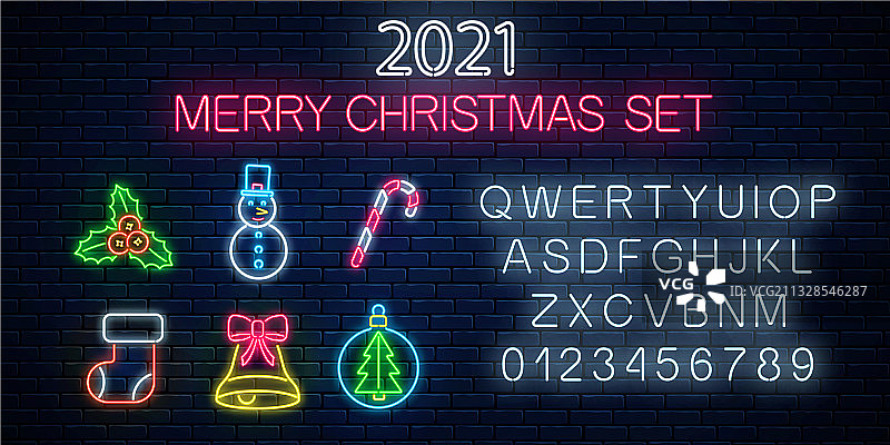 圣诞节霓虹灯新年快乐图标图片素材