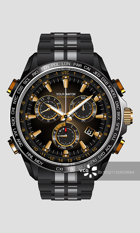 逼真时钟手表计时码表黑钢金色图片素材