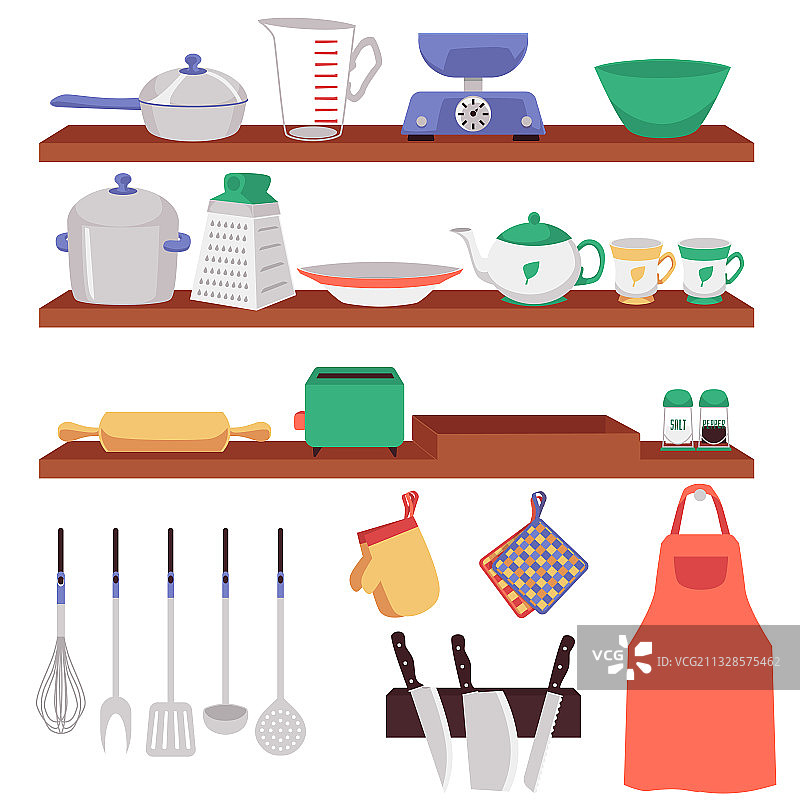 木制搁架上的厨房用具套装图片素材