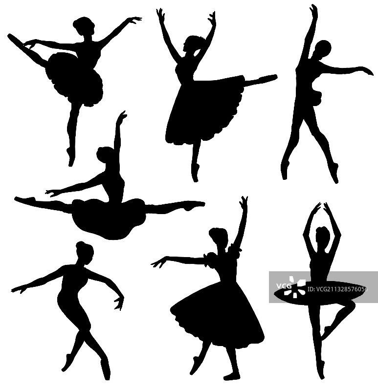 跳舞的芭蕾舞女演员轮廓扁平剪影套装图片素材